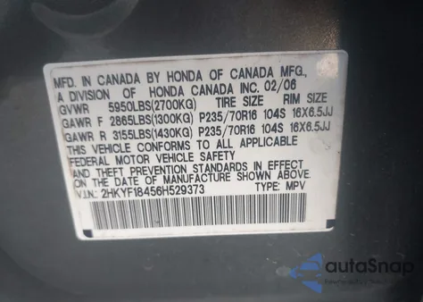 2006 Honda Pilot Ex from USA, damaged, VIN 2HKYF18456H529373